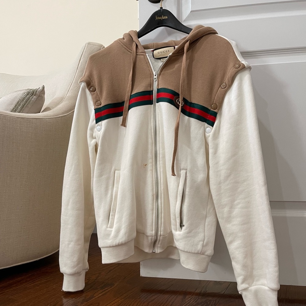 Mens Gucci web stripe trim zip up hoodie with removable sleeves size M